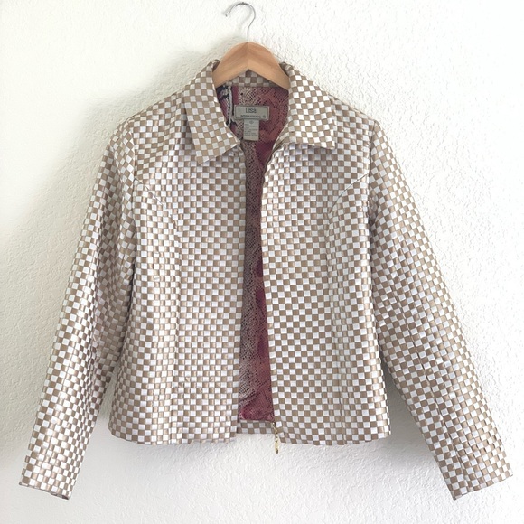 Liz Claiborne Tan and White Bomber Jacket with Quilted Design - Picture 1 of 9